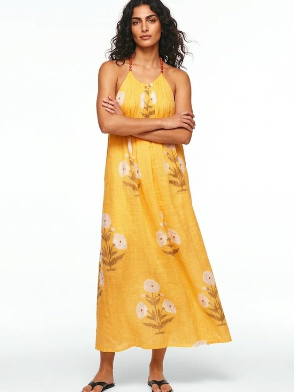 J. Crew Beaded-Strap Dress in Marigold Block-print Ramie